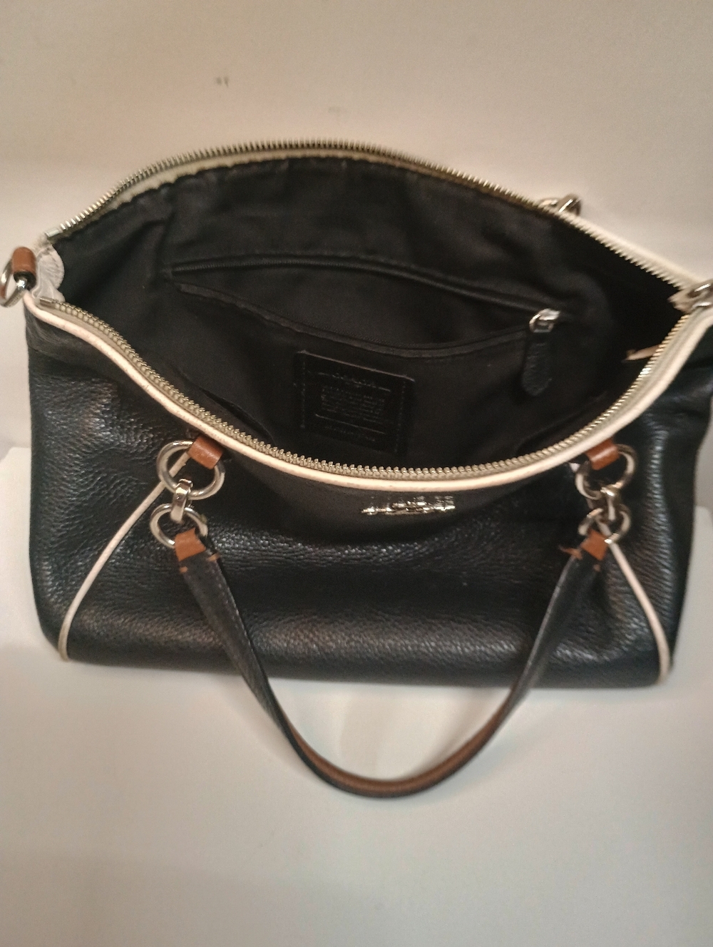 Coach Black Leather Tote with Tan Handles and Cream Trim For Repair - Picture 9 of 13